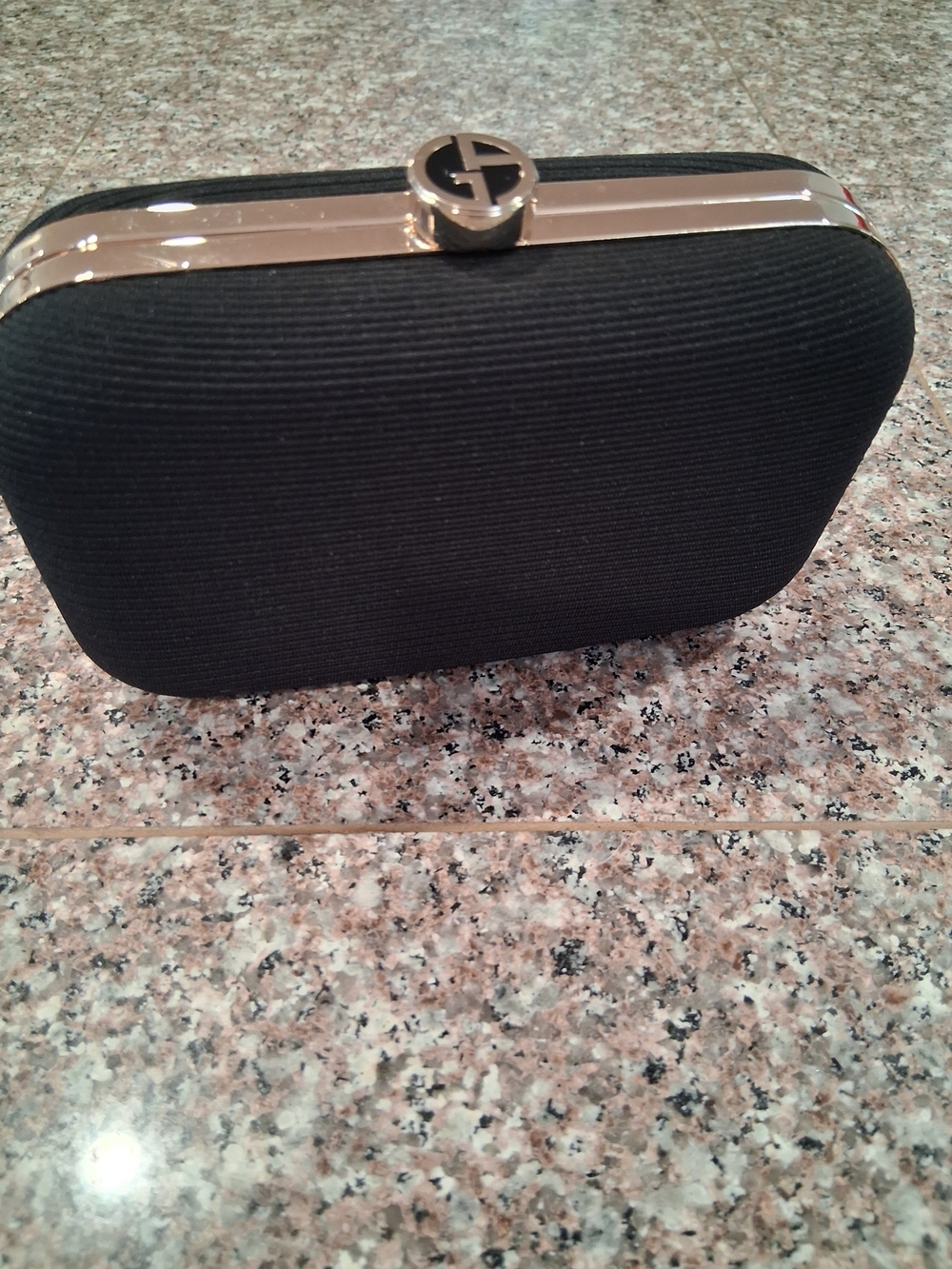 Georgio Armani  GWP Black Ribbed Hardcase Clutch with Gold-Tone Trim.New